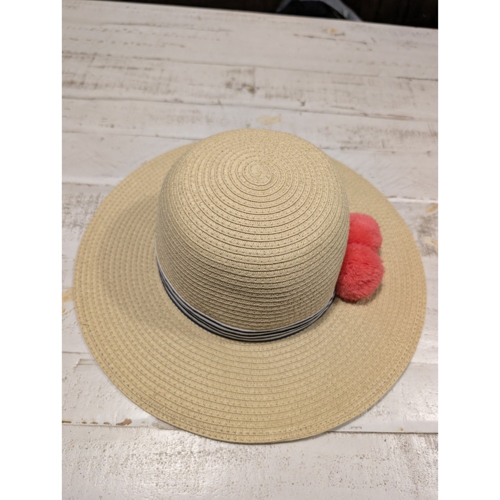 Talbots Women's Wide Brim Sun Hat Black White Pink Pom Pom Beach Summer Vacation